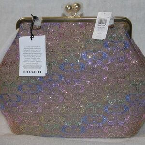 NWT COACH LARGE Oversized Kisslock Frame Bag Rainbow Crystal Signature Jacquard